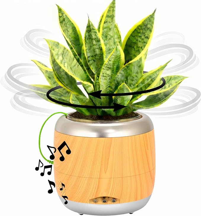 PLANTPETZ Extra Large Robotic Planter – Smart Planter Fits 6 Inch Pots | Bluetooth Speaker | Interactive Smart Plant Pot Turns A Real Plant Into a Touch/Motion Responsive Companion - Sequoia Woodgrain