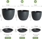 UOUZ 12/10/9 Large Modern Plant Pots, Plastic Planters with Drainage Holes and Saucers for Indoor Outdoor Plants Flowers, Black with Green Speckles