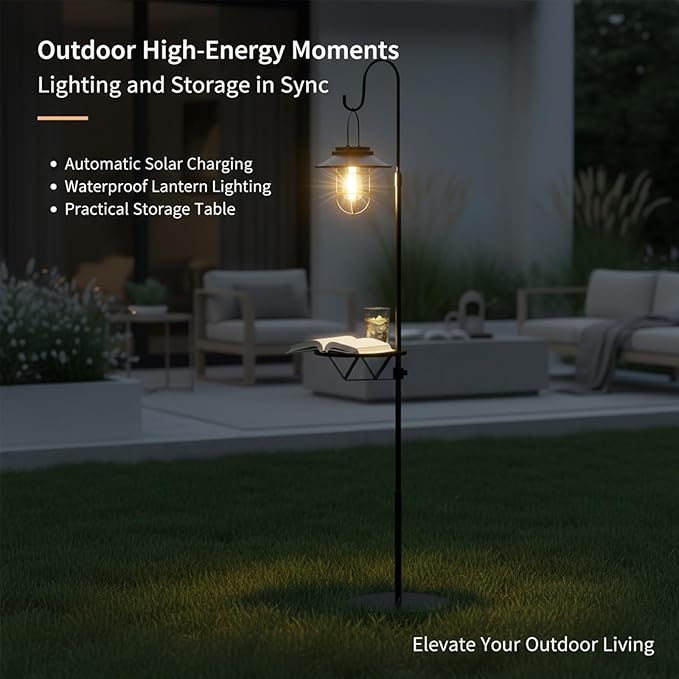 Kirschblüte Solar Floor Lamp with Table, 60" Outdoor Shepherd Hook with Solar Light Waterproof Metal Side Table for Patio, Heavy Duty Solar Pole Light for Garden, Deck, Porch and Backyard Decor