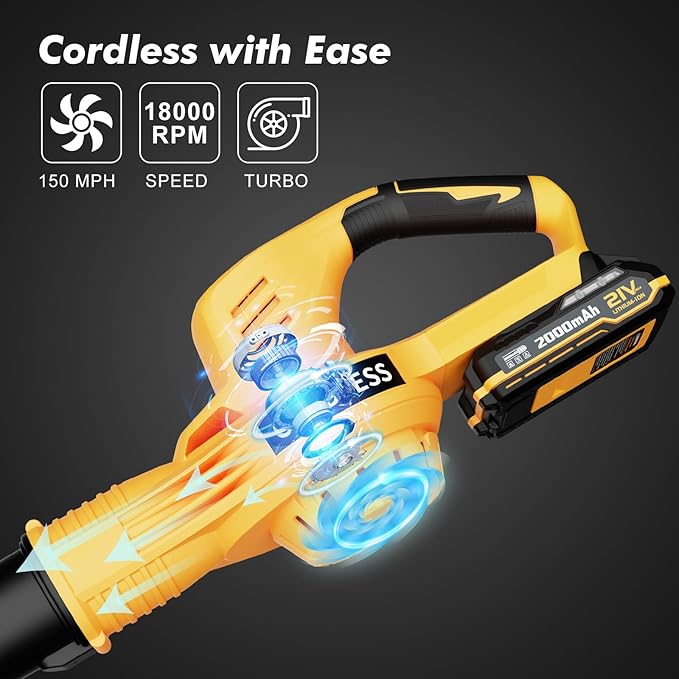 Leaf Blower Cordless with 2 Batteries and Charger, 21V Electric Leaf Blower with 2 Speed Modes, 2.0Ah Lightweight Battery Powered Blowers for Lawn Care, Patio, Blowing Leaves