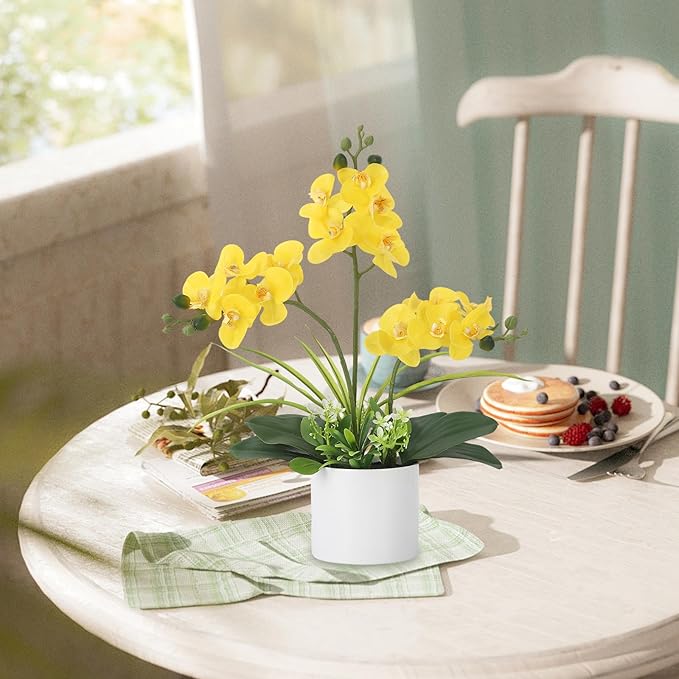 Garvee Real Touch Silk Phalaenopsis Orchid Artificial Flowers - 3 Stems Faux Orchid Bough with Vase, Lifelike Large Fake Flowers in Pot for Home Decor Living Room Bedroom Office Tabletop