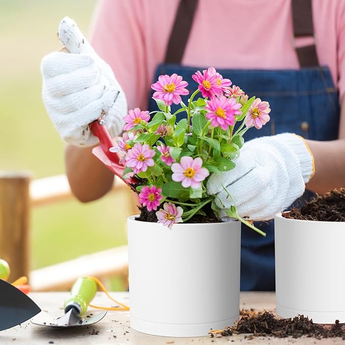 12/10/8 inch Large Plant Pots, 3 Pack Deep Cylinder Flower Pots for Outdoor Indoor Plants, Tall Plastic Planters with Drainage Holes and Saucers for Garden House Plants, White