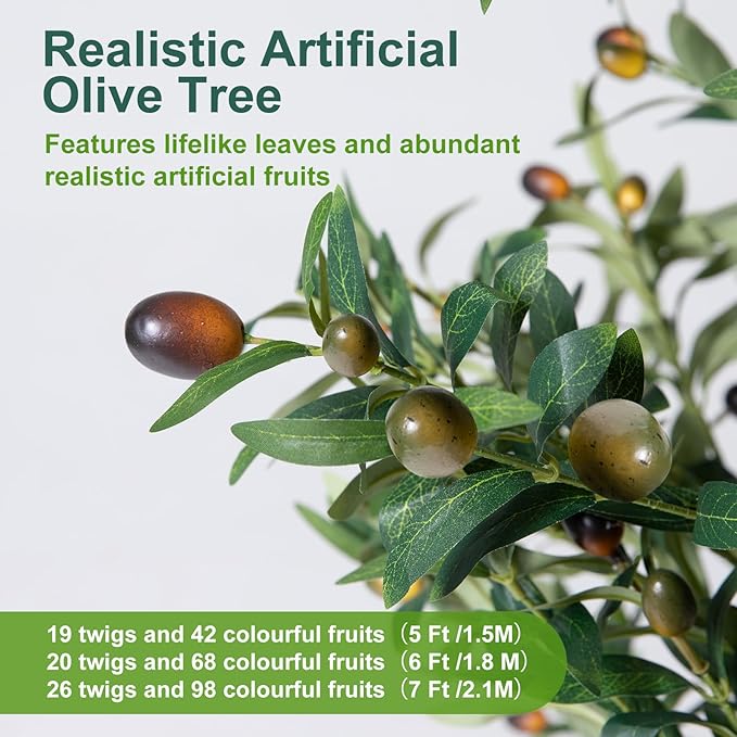 Olive Trees Artificial Indoor, 6FT Tall Faux Olive Tree with Moss and Planter, Artificial Plants Indoor with Natural Wood Trunk and Lifelike Fruits, Fake Tree for Home Office Living Room Decor