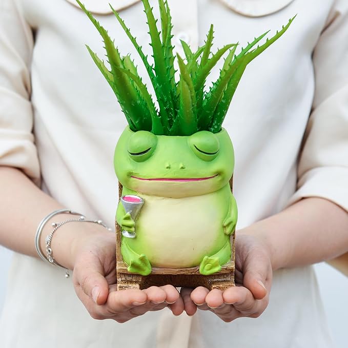 Saysmile Unique Frog Plant Pots Indoor, Cute Small Succulent Pots with Drainage Hole, Rocking Chair Planters for Outdoor Indoor Plants, Resin Flower Pot for String of Pearls, Gift Ideas for Mother