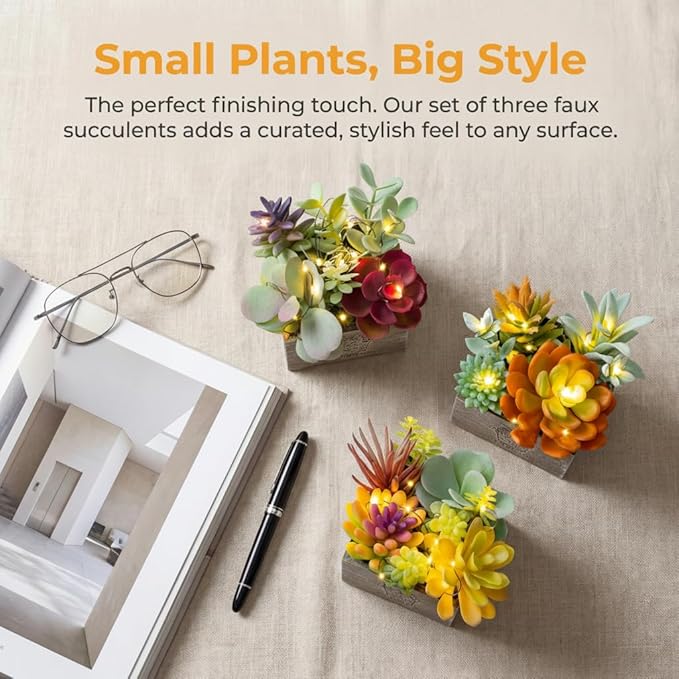 Mingfuxin Succulents Plants Artificial, Small Faux Plants with Lights, Assorted Decorative Fake Succulent Potted for Office Desk Bathroom Bedroom Shelves Windows Room Decor