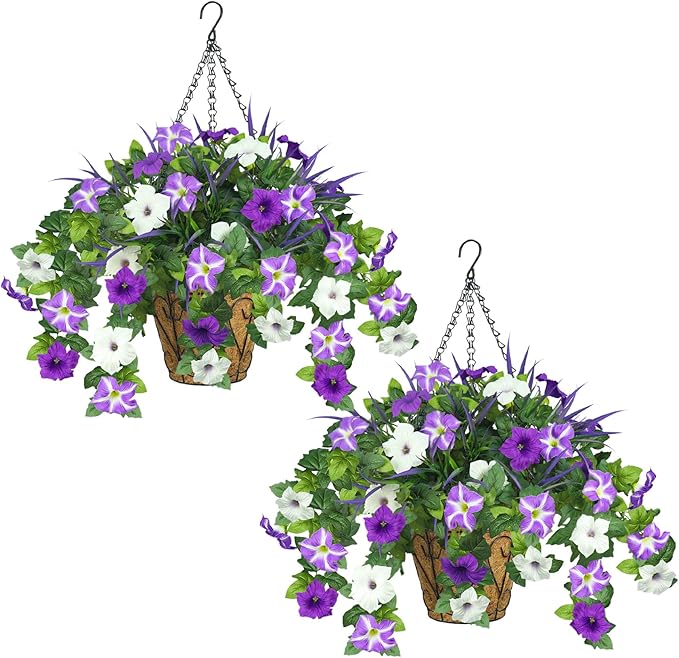 2 Pack Artificial Flowers Hanging Baskets for Outdoors, 10 PCS UV Resistant Faux Outdoor Plants, Fake Petunias Silk Flowers for Garden Balcony Yard Porch Decor (White Green Purple)