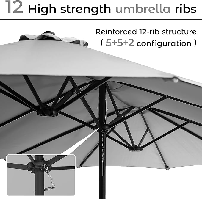 DomeShade 15ft Patio Umbrella with Base,Large Outdoor Double-Sided Rectangle Umbrella with Crank Handle, Market Umbrella for Poolside Garden Deck Backyard Beach Pools, Gray