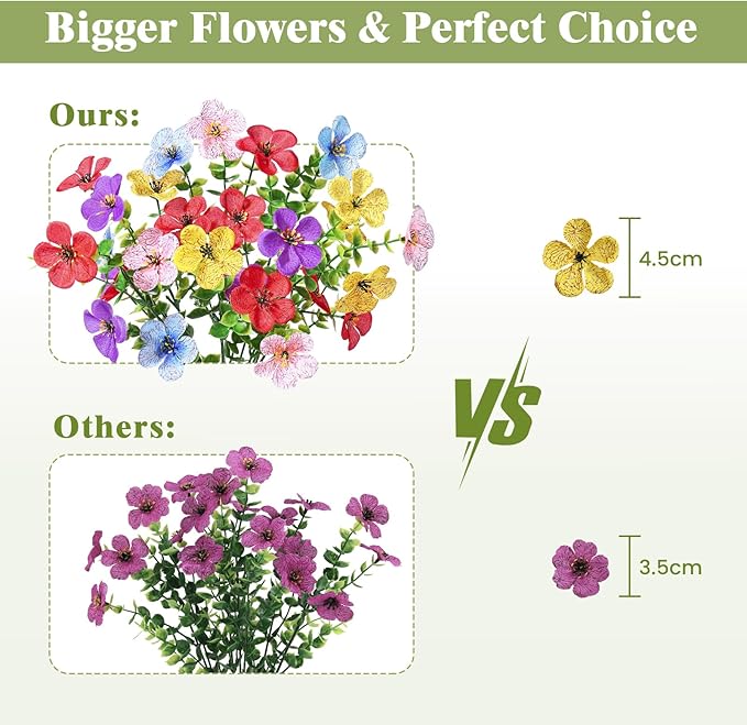 Alupssuc 20 Bundles Artificial Flowers for Outdoor Indoor Decoration, UV Resistant No Fade Fake Plants Eucalyptus, Colorful Faux Spring Flowers for Outside Yard Porch Patio Garden Home Window Box
