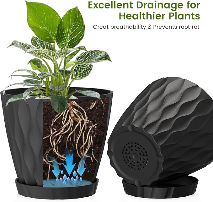 UOUZ 8 Inch Plant Pots, 2 Pack Plastic Planters for Indoor Outdoor with Drainage Holes & Saucers, Waffle Texture Flower Pots for Indoor Plants, Indoor Plant Pots for Monstera, Fiddle Leaf Fig, Black
