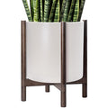 D'vine Dev Planter Pot with Stand - 16 Inch Plastic Cylinder Flower Pot with Wood Planter Holder for Indoor, Oatmeal Pot + Walnut Color Stand, 55-C-X-4