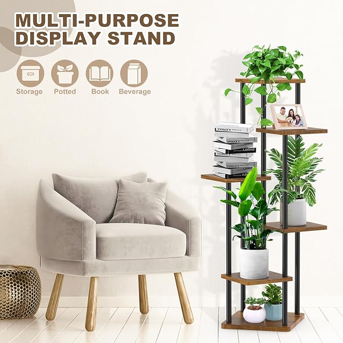 6 Tier Plant Stand Indoor, Thickened Metal Wood Corner Plant Shelf Stands for Multiple Plants, Indoor Tall Plants Stand Tiered Flower Holder for Living Room Patio Garden Balcony(Black+Brown)