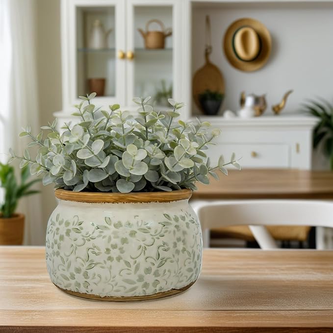 Vintage Ceramic Flower Pot - Indoor Outdoor Planters with Drainage Holes & Filter Screen, 9’’ Large Rustic Farmhouse Decorative Plant Pots for Garden/Patio/Balcony (Green Vines, Large)