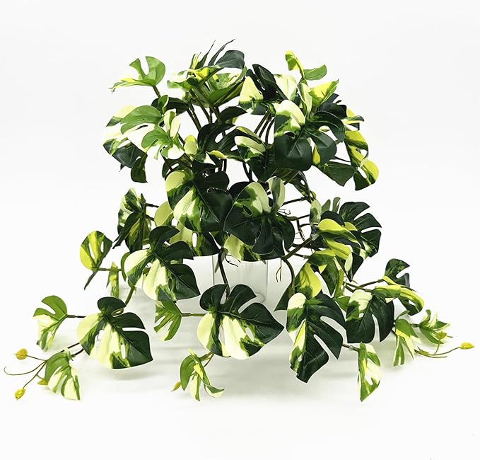 Fake Plants Hanging Small Faux Potted Ivy Vine Artificial Monstera Mini Faux Tropical Plants Greenery for Bathroom Office Table Pot Indoor Outdoor Decor Windowsill Shelf DIY Decoration - White 2 Pack