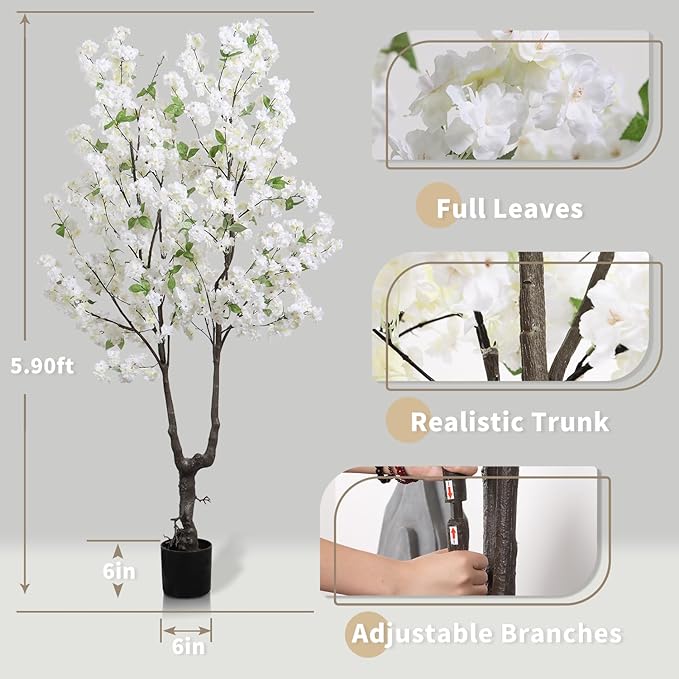 Faux White Cherry Blossom Tree 6ft(72in) Tall Artificial Japanese Sakura in Pot Realistic Cherry Plant Decor Handmade Natural Fake Pink Flower Tree for Christmas,New Year,Wedding,Living Room