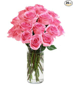 KaBloom - Bouquet of Long Stemmed Pink Roses (Two Dozen) - With Vase - Fresh Flowers for Birthday, Valentine's & Mother's Day