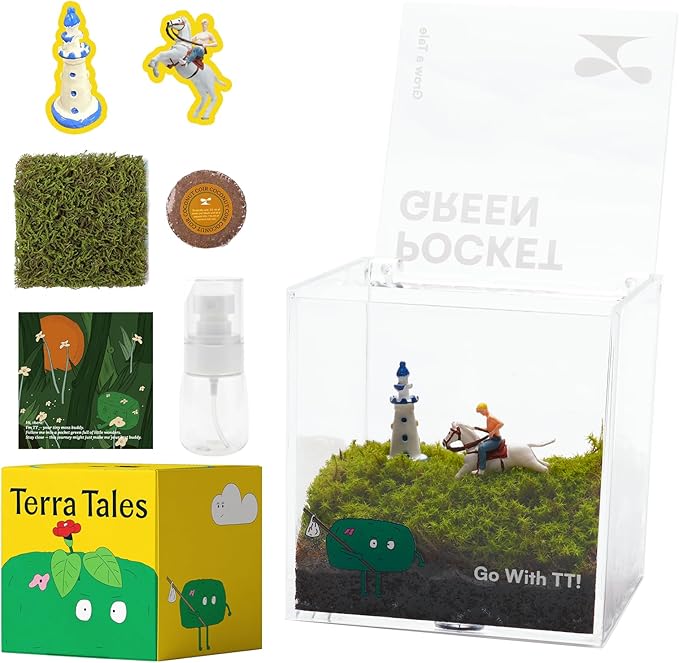 DIY Moss Terrarium Kit, 4 * 4 * 4 inch Acrylic Cube Mini Garden with Live Star Moss, Soil, Free Spirit-Craft Kit for Adults and Teens, Relaxing Desk Decor & Unique Gift for Home or Office