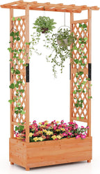 Giantex Raised Garden Bed with Trellis & Hanging Roof, Wood Planter Box with Bottom and Drainage Holes, Freestanding Garden Planter for Flower Vegetable Fruit Herb Climbing Vines, 43.5"x17.5"x72"