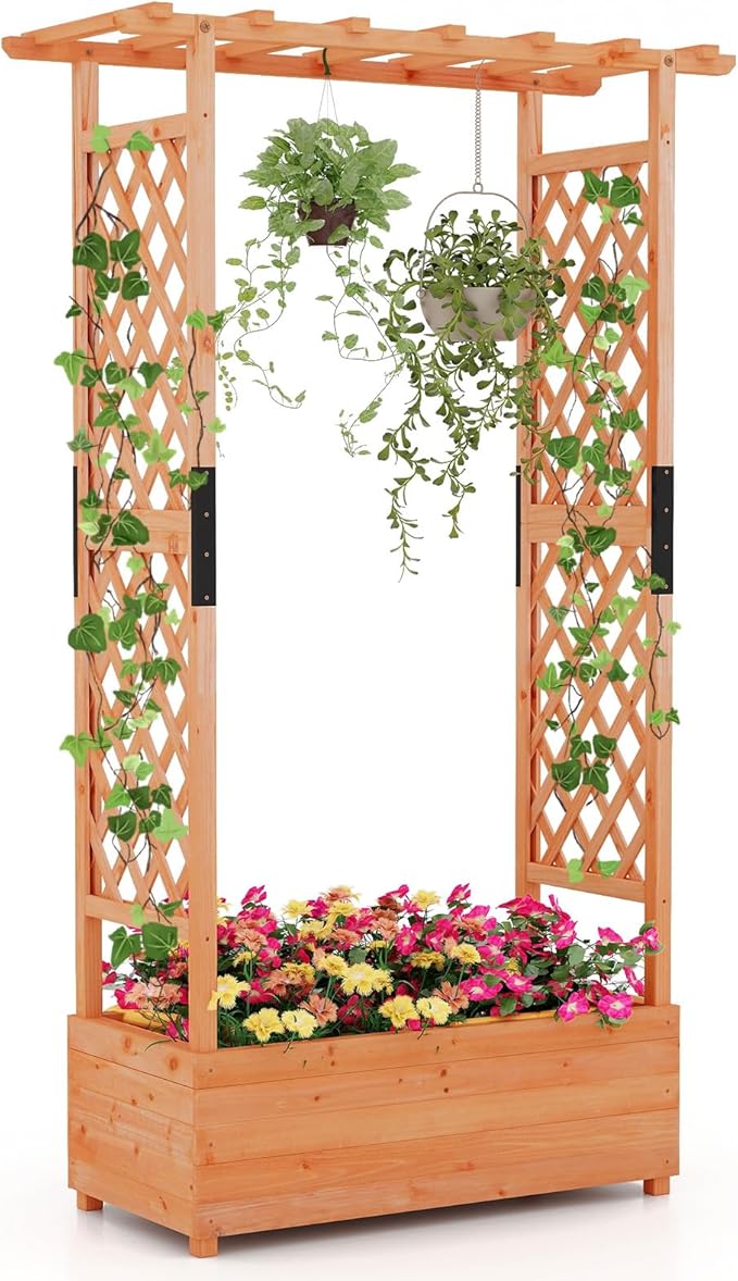 BECOMFORT Raised Garden Bed with Trellis & Hanging Roof, 72" Tall Fir Wood Planter Box with Drainage Holes, Outdoor Elevated Garden Planter for Climbing Vines (Orange, 43.5" Lx17.5 Wx72 H)