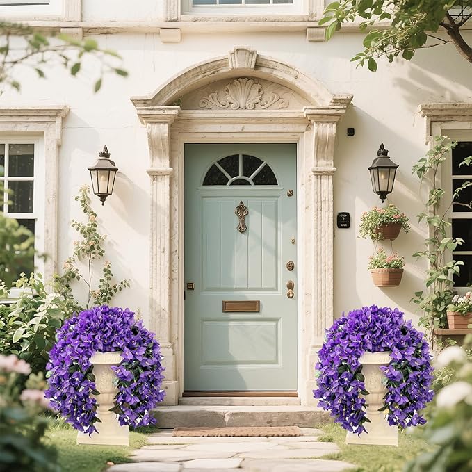 Artificial Flowers for Outdoors Fake Purple Bougainvillea Hanging Flower Decoration, 2Pcs Realistic Faux Silk Plants Long Trailing Vines, Spring Decor for Porch Patio Balcony Planter Yard