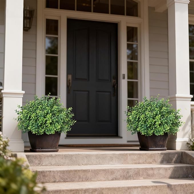 Set of 2 Artificial Boxwood Topiary Trees for Front Door - Faux Realistic Greenery Potted Plants, Fake Outdoor UV-Resistant Bushes with Pots for Porch,Farmhouse,Home,Garden Decor