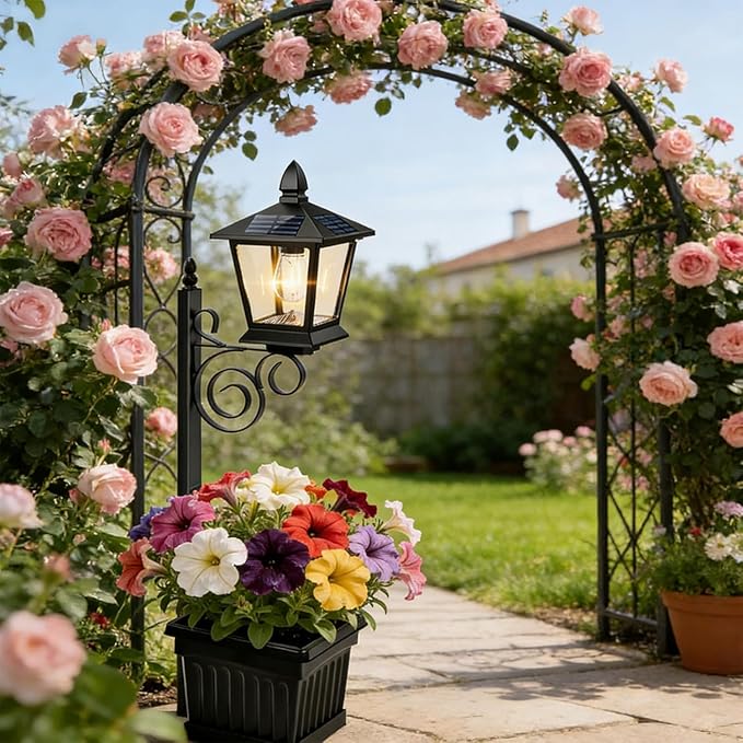 Solar Floor Lamps with Planter (2-in-1 Design), Solar Lamp Post Light with Planter with Posts, Ground Stakes, Planters, & Wall Mount Hardware, Outdoor Lights for Patio, Porch, Deck, Yard (2pcsBlack)