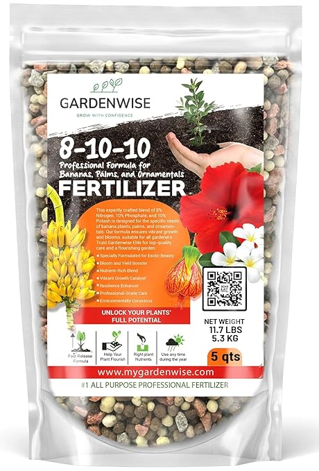 GARDENWISE Elite 8-10-10 Professional Fertilizer for Banana, Flowering, and Fruit Trees, Ornamentals - Boosts Flowering & Fruiting - for Indoor & Outdoor Plants (5 QUARTS)