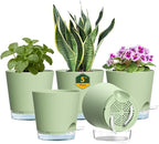 Meowell 5 inch Self Watering Flower Pots for Indoor Plants, 5 Pack Small Plant Pots with Drainage Holes & Clear Reservoir for Visible Water Level, Plastic Wicking Planter Pots for House Plants, Green