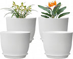 8 Inch Plant Pots Set of 4, Plastic Planters with Drainage Holes and Tray, Flower Pots for Indoor Outdoor Plants and Flowers (White)