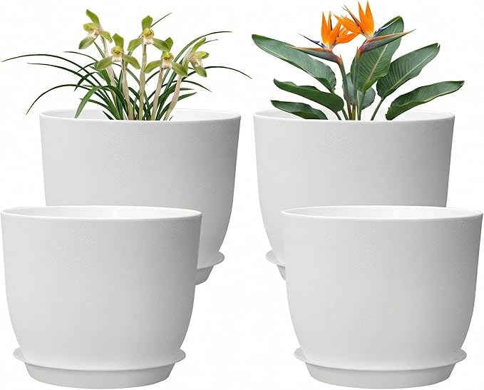 8 Inch Plant Pots Set of 4, Plastic Planters with Drainage Holes and Tray, Flower Pots for Indoor Outdoor Plants and Flowers (White)