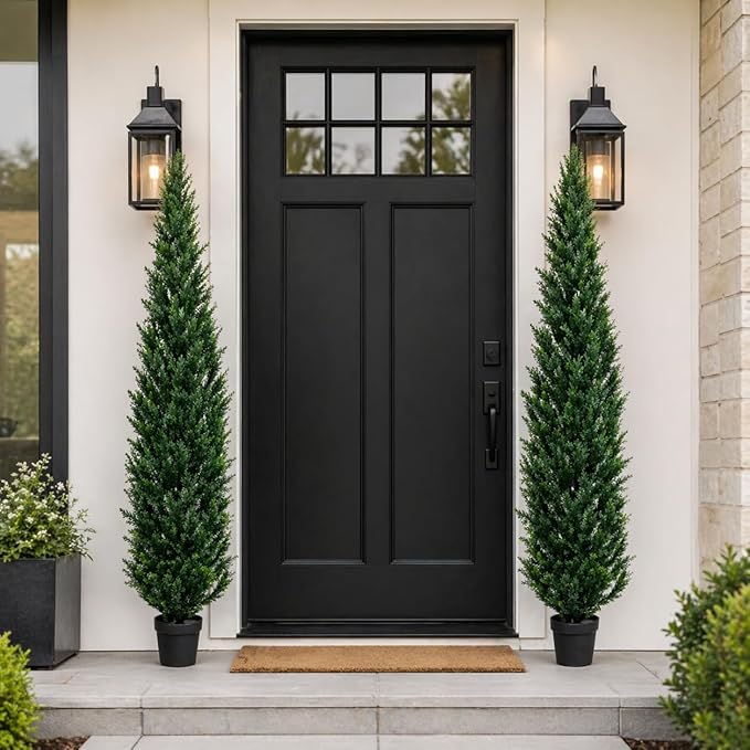 7 Feet Outdoor Artificial Topiary Cedar Tree, Set of 2 UV Resistant Potted Faux Cedar Trees for Outdoors and Indoors, Decorative Fake Shrubs Topiary Trees for Home Living Room Front Door Decor