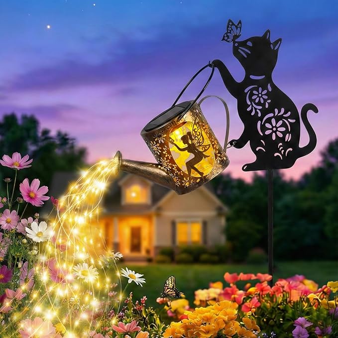 Solar Watering_Can Lights with Fairy & Flowers, Outdoor Garden Decor with Cascading String Lights, Waterproof Solar Powered Hanging Lantern for Patio Yard Pathway, Gift for Mom Cat Lovers Gardeners