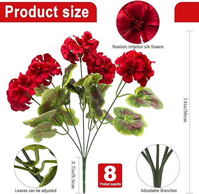 lovemoon 8 Pcs Artificial Geranium Plant Realistic Silk Flowers for Outside UV Resistant Faux Geraniums Flowers for Indoor Outdoor Home Garden Office Decoration (8, Red)
