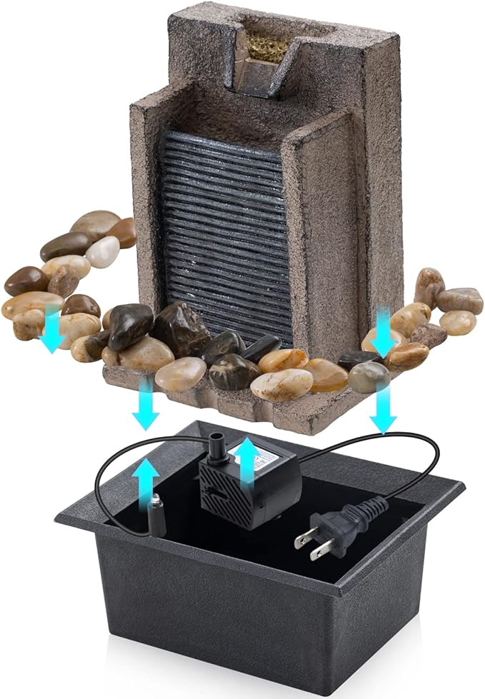 Amootek Tabletop Fountain Relaxing Tabletop Waterfall Fountain with Natural River Rocks & Color-Changing LED Lights - Indoor Zen Office/Home Decor Water Feature, 6.3"x 5.12"x 8.66"