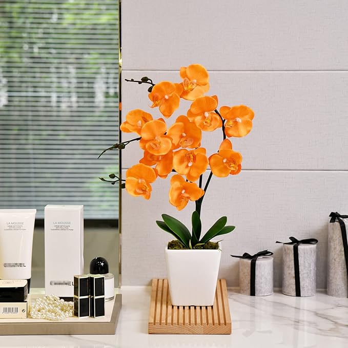 15" Tall Artificial Silk Phalaenopsis Orchid Flower Plant Pot Arrangements (Orange)