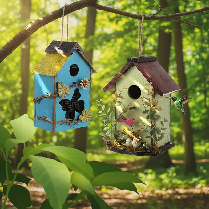 DoubleFill 2 Pcs Birdhouses for Outdoor Hanging Yard Outside Wooden Birdhouse Hand Painted Bird Box for Bird Lovers Bluebird Tree Garden Decor Decorative Birdhouse(Blue,Light Green,Iron Roof)