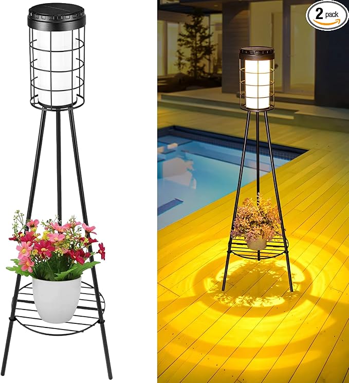2 - Pack 38 inch Solar Floor Lamps Outdoor with Tripod Plant Stands, Waterproof Outdoor Solar Lights for Garden, Porch, Yard, Backyard, Patio