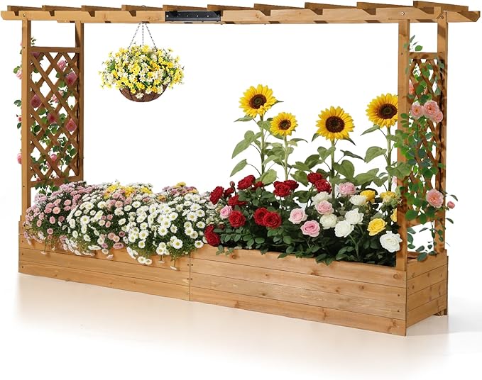 VINGLI 45 in Raised Garden Bed with Trellis & Hanging Roof, Wooden Elevated Planter Box with Drainage Holes for Outdoor Climbing Plants Vegetables Flowers, Patio Yard Balcony (Teak Color, Wider)
