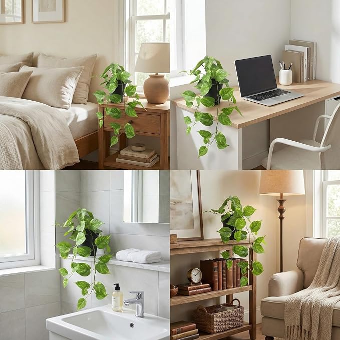 Fake Pothos Hanging Plants – Artificial Plastic Ivy Vines with Pots, Realistic Faux Greenery for Indoor Home Office Bathroom Shelf Cabinet Tabletop Decoration