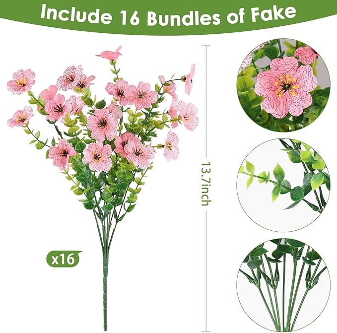 16PCS Fake Flowers for Outdoors, Realistic Fake Artificial Flowers for Outside, No Fade Faux Eucalyptus Plants for Outdoor Planter, Window Box, Hanging Basket - Porch Patio Garden Decor