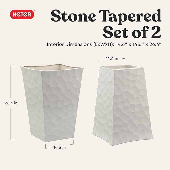 Keter Stone Tapered Planter Set of 2, Tall 26.4‑Inch Resin Outdoor Flower Pots with Stone‑Look Finish and 12.2‑Gallon Capacity, Cream
