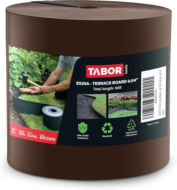 TABOR TOOLS 60 Ft Terrace Board, 5 Inch High, 0.04" Inch Thin, Landscape Edging Coil, Grass Barrier, Bender Board, Garden Liner, ES25. (Brown)