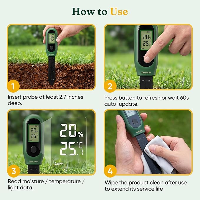 3-in-1 Soil Moisture Meter, Digital Plant Water Meter, Temperature & Sunlight Intensity Sensor, LCD Display Soil Tester for Gardening, Farming, Plant Care, Indoor & Outdoor Plants, 2 Pack