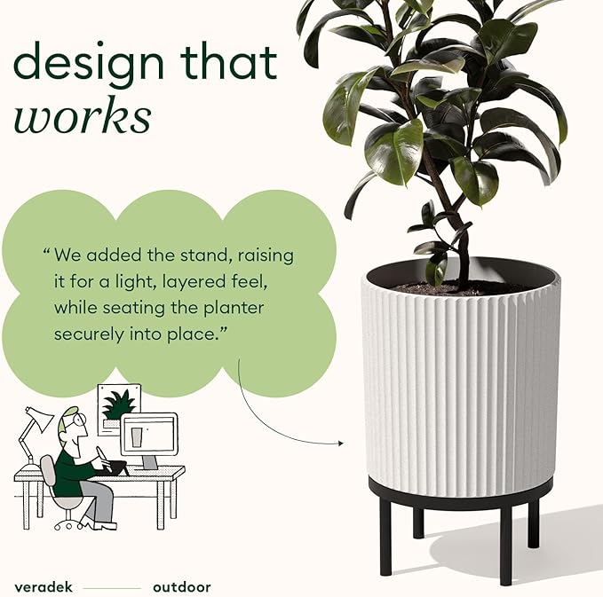 Veradek Demi Series Round Planter w/ Stand for Porch/Patio | Durable Plastic-Concrete & Wooden Stand | Modern Décor for Tall Plants, Flowers