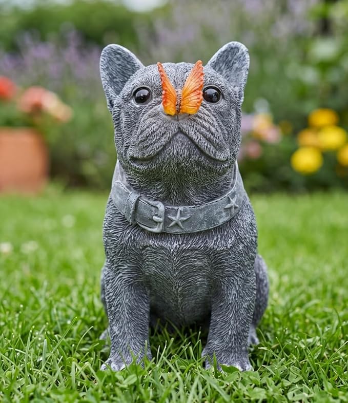 Solar French Bulldog Garden Statue with Butterfly, Outdoor Frenchie Sculpture Decor for Patio, Yard & Lawn, Unique French Bulldog Gifts & Dog Memorial Statue,10 Inch, Resin (Grey Stone)