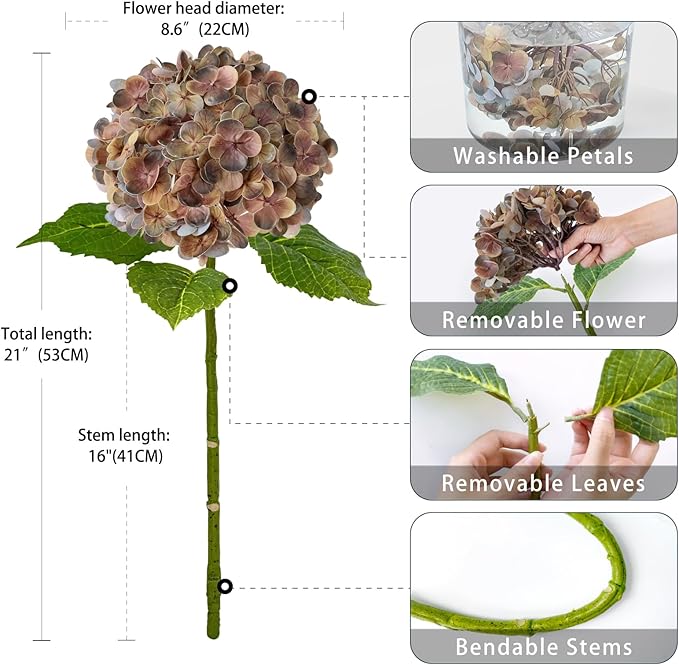 ZYTUYO 3PCS Brown Hydrangeas Artificial Flower 21" Real Touch Faux Latex Fake Hydrangeas Silk Bouquet for Home Kitchen Living Room Spring Table Office Wedding Party Arrangement