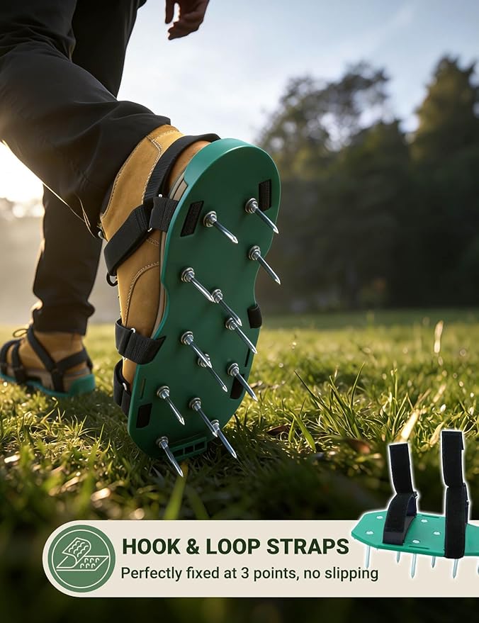 Lawn Aerator Shoes for Grass, Pre-Assembled Heavy Duty Aerator Lawn Tool with Hook and Loop Straps, One Size Fits All Spiked Shoes for Effectively Aerating Yard Garden Lawn Patio Soil, No Installation