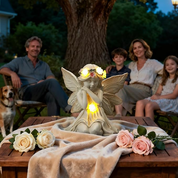 Solar Angel Garden Statue Outdoor Decor, Angel Figurines with Garland Flower Light, Cemetery Decoration for Grave, Yard, Patio, Balcony, House Warming Birthday Gifts for Women, Mom, Grandma