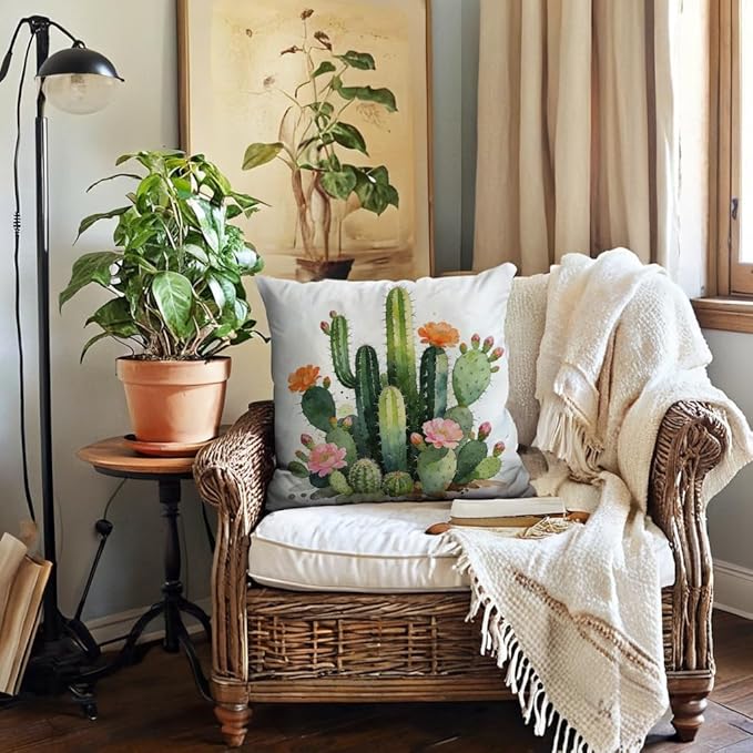 Watercolor Cactus Succulent Pillow Covers 18x18 Inch Set of 4, Colorful Tropical Plant Floral Cactus Cushion Cases, Summer Botanical Flower Throw Pillow Covers,for Sofa Living Room Decor (Green)