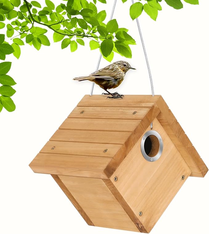 Wren Bird House for Outside, Hanging Wood Nesting Box for House Wrens & Carolina Wrens, 1-1/8" Entrance Hole, Air Vents & Clean-Out Door, Weather-Resistant Birdhouse for Backyard Bird Watching 1 Pack