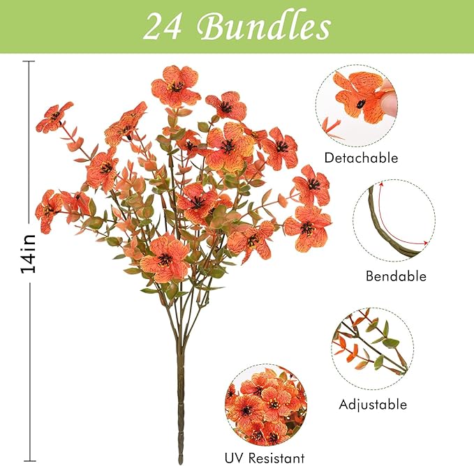 Waipfaru 24 Bundles Artificial Flowers for Outdoor Indoor, Faux Outdoor Plastic Plants UV Resistant Shrubs Outside Porch Patio Garden Boxwood Decor